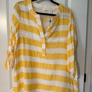 Kaktus Yellow & White Striped Roll Tab Sleeve Top Sz Med.